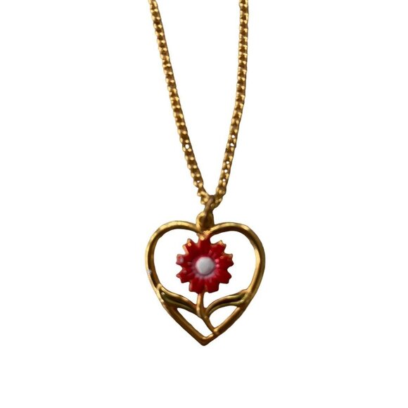 Goldtone Necklace Floral 1" Heart Pendant on 19" Chain Red White - Picture 5 of 13
